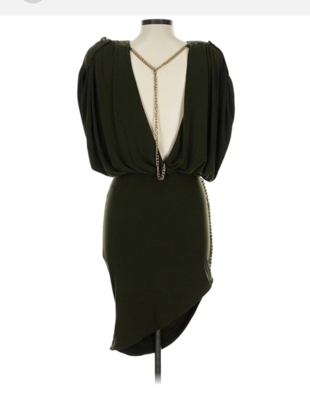 RETROFETE Olive Green Draped Waist Midi Dress with Chain Detail- Size Large